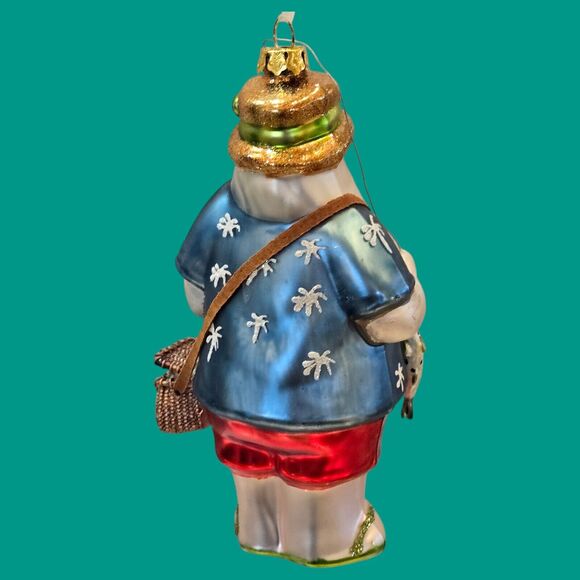 Vacation Hippie Flip Flop Fishing Rod Tiki Santa Claus 5" Blown Glass Ornament - Picture 10 of 12
